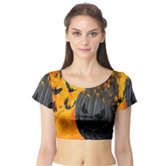 Halloween Pumpkin Bat Ghost Orange Black Smile Short Sleeve Crop Top by Alisyart