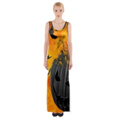 Halloween Pumpkin Bat Ghost Orange Black Smile Maxi Thigh Split Dress