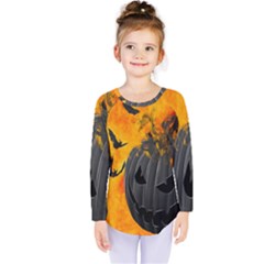 Halloween Pumpkin Bat Ghost Orange Black Smile Kids  Long Sleeve Tee