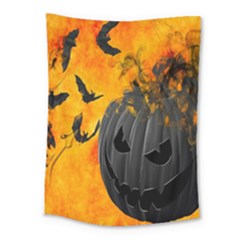 Halloween Pumpkin Bat Ghost Orange Black Smile Medium Tapestry