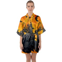 Halloween Pumpkin Bat Ghost Orange Black Smile Quarter Sleeve Kimono Robe