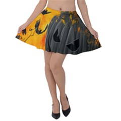 Halloween Pumpkin Bat Ghost Orange Black Smile Velvet Skater Skirt by Alisyart