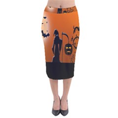 Halloween Sinister Night Moon Bats Velvet Midi Pencil Skirt