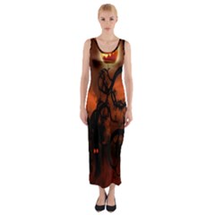 Halloween Pumpkins Tree Night Black Eye Jungle Moon Fitted Maxi Dress