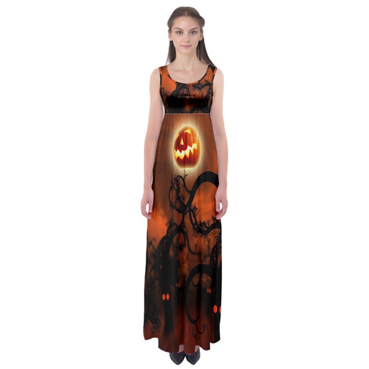 Halloween Pumpkins Tree Night Black Eye Jungle Moon Empire Waist Maxi Dress