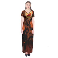 Halloween Pumpkins Tree Night Black Eye Jungle Moon Short Sleeve Maxi Dress