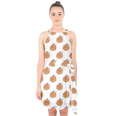 Face Mask Ghost Halloween Pumpkin Pattern Halter Collar Waist Tie Chiffon Dress