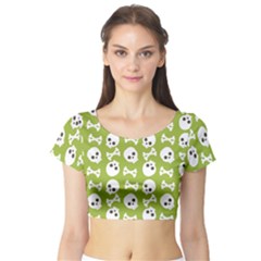 Skull Bone Mask Face White Green Short Sleeve Crop Top