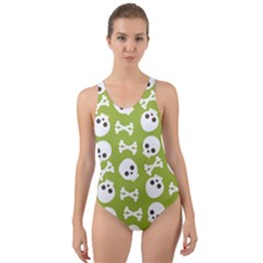 Skull Bone Mask Face White Green Cut-out Back One Piece Swimsuit by Alisyart