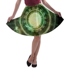 Green Chaos Clock, Steampunk Alchemy Fractal Mandala A-line Skater Skirt by jayaprime