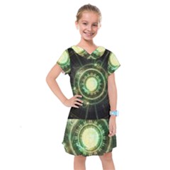 Green Chaos Clock, Steampunk Alchemy Fractal Mandala Kids  Drop Waist Dress by jayaprime