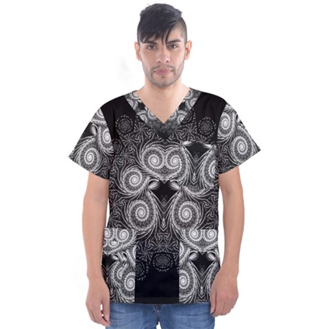 Fractal Filigree Lace Vintage Men s V-neck Scrub Top by Celenk