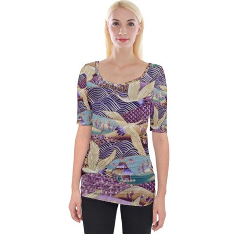 Textile Fabric Cloth Pattern Wide Neckline Tee by Celenk