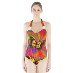 Arrangement Butterfly Aesthetics Halter Swimsuit by Celenk