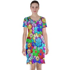 Flowers Ornament Decoration Short Sleeve Nightdress