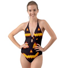 Pumpkin Helloween Face Autumn Halter Cut-out One Piece Swimsuit by Celenk