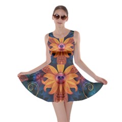 Beautiful Fiery Orange & Blue Fractal Orchid Flower Skater Dress by jayaprime