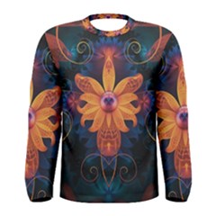 Beautiful Fiery Orange & Blue Fractal Orchid Flower Men s Long Sleeve Tee by jayaprime