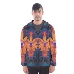 Beautiful Fiery Orange & Blue Fractal Orchid Flower Hooded Wind Breaker (men) by jayaprime