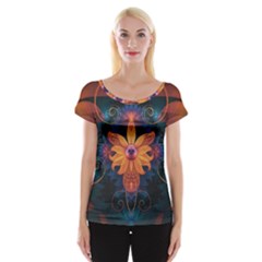 Beautiful Fiery Orange & Blue Fractal Orchid Flower Cap Sleeve Tops by jayaprime