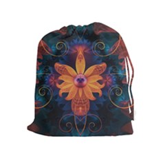 Beautiful Fiery Orange & Blue Fractal Orchid Flower Drawstring Pouches (extra Large)