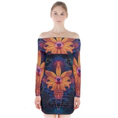 Beautiful Fiery Orange & Blue Fractal Orchid Flower Long Sleeve Off Shoulder Dress by jayaprime