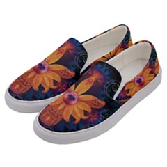 Beautiful Fiery Orange & Blue Fractal Orchid Flower Men s Canvas Slip Ons by jayaprime