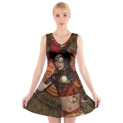 Steampunk, Wonderful Steampunk Lady V-neck Sleeveless Skater Dress by FantasyWorld7