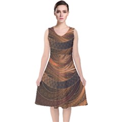 Brown, Bronze, Wicker, And Rattan Fractal Circles V-neck Midi Sleeveless Dress  by jayaprime