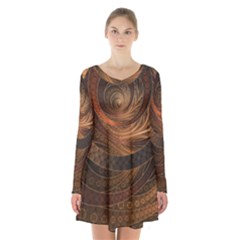 Brown, Bronze, Wicker, And Rattan Fractal Circles Long Sleeve Velvet V-neck Dress