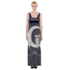 Mandala, Cute Owl On The Moon Maxi Thigh Split Dress