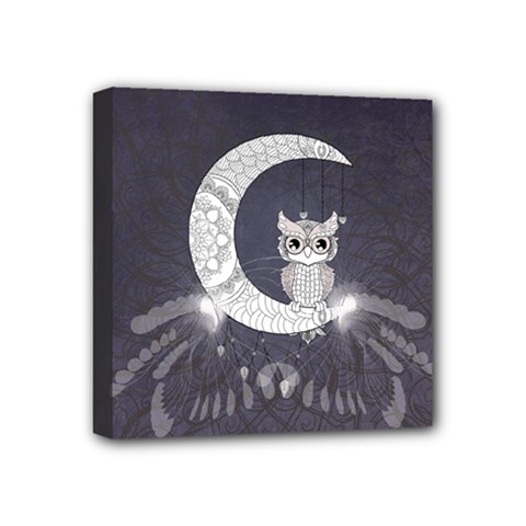 Mandala, Cute Owl On The Moon Mini Canvas 4  X 4  by FantasyWorld7