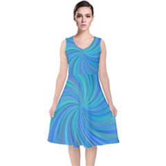 Blue Background Spiral Swirl V-neck Midi Sleeveless Dress 