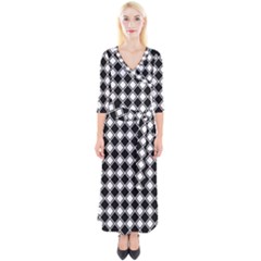 Black White Square Diagonal Pattern Seamless Quarter Sleeve Wrap Maxi Dress by Celenk