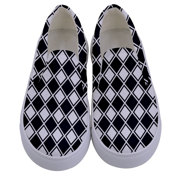 Black White Square Diagonal Pattern Seamless Kids  Canvas Slip Ons