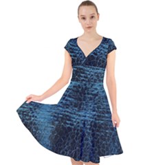 Blue Black Shiny Fabric Pattern Cap Sleeve Front Wrap Midi Dress by Celenk