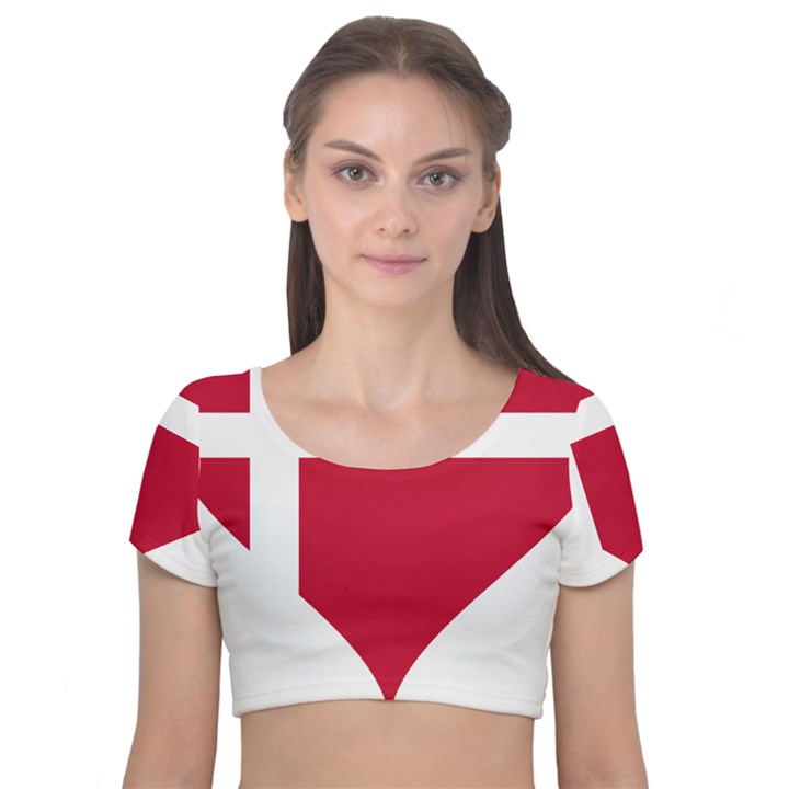 Heart Love Flag Denmark Red Cross Velvet Short Sleeve Crop Top 