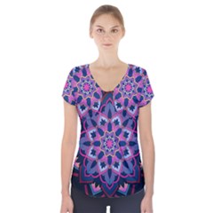 Mandala Circular Pattern Short Sleeve Front Detail Top by Celenk