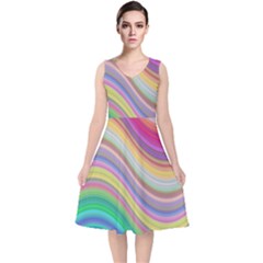 Wave Background Happy Design V-Neck Midi Sleeveless Dress 