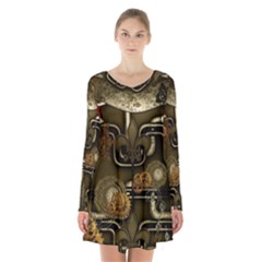 Wonderful Noble Steampunk Design, Clocks And Gears And Butterflies Long Sleeve Velvet V-neck Dress by FantasyWorld7