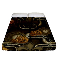 Wonderful Noble Steampunk Design, Clocks And Gears And Butterflies Fitted Sheet (queen Size) by FantasyWorld7