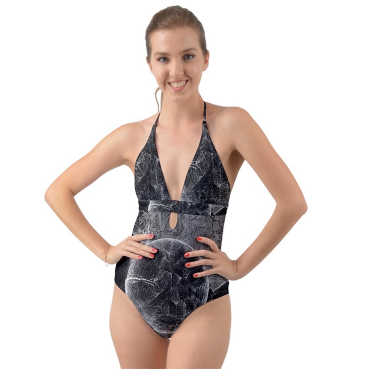 Space Universe Earth Rocket Halter Cut-Out One Piece Swimsuit