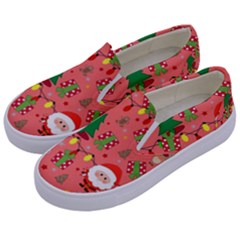 Santa And Rudolph Pattern Kids  Canvas Slip Ons by Valentinaart