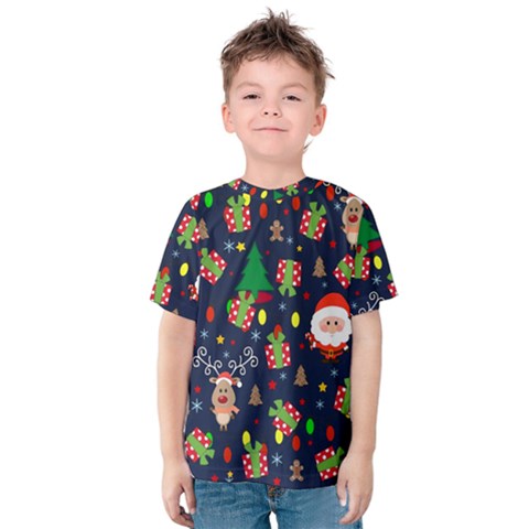 Santa And Rudolph Pattern Kids  Cotton Tee by Valentinaart