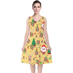 Santa And Rudolph Pattern V-neck Midi Sleeveless Dress  by Valentinaart