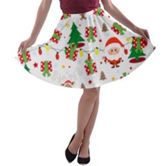 Santa And Rudolph Pattern A-line Skater Skirt