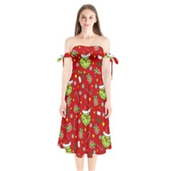 Grinch Pattern Shoulder Tie Bardot Midi Dress by Valentinaart