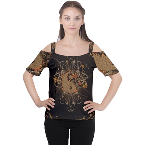 The Sign Ying And Yang With Floral Elements Cutout Shoulder Tee by FantasyWorld7