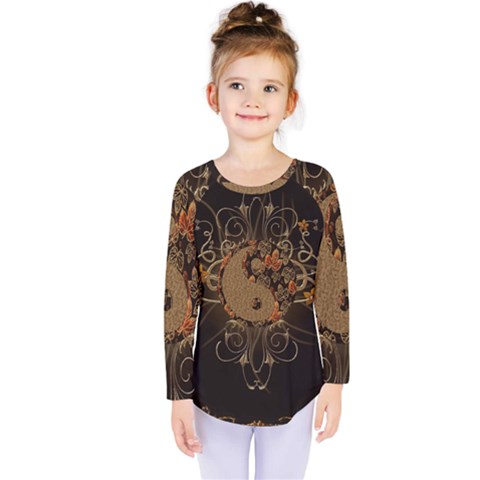 The Sign Ying And Yang With Floral Elements Kids  Long Sleeve Tee by FantasyWorld7