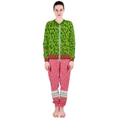 Green & Pink Lucky Leaves Xmas Design Onepiece Jumpsuit (ladies) by PattyVilleDesigns